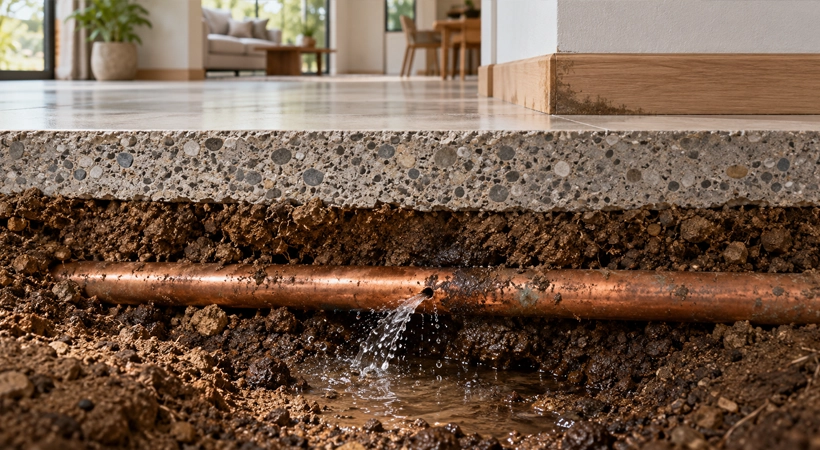 Close-up of a leaking plastic water pipe outdoors with water dripping from a joint